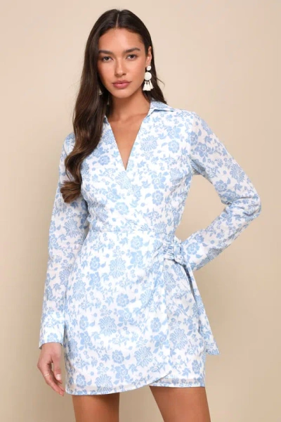 Lulus Made To Charm White & Blue Floral Collared Buckle Mini Dress