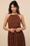 Lulus Madriana Brown Halter Neck Ruffed Midi Dress In Multi