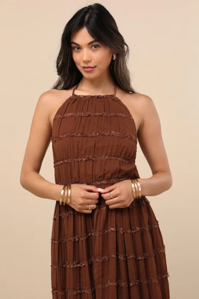Lulus Madriana Brown Halter Neck Ruffed Midi Dress