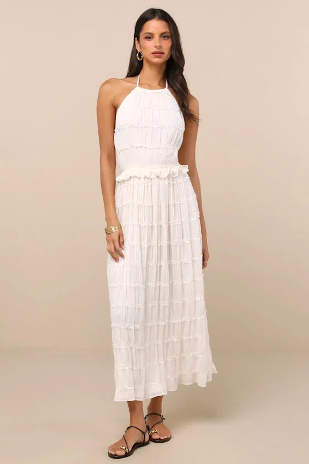 Lulus Madriana Ivory Halter Neck Ruffed Midi Dress In White | ModeSens