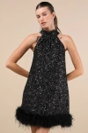 Lulus Magnetic Darling Shiny Black Sequin Feather Shift Mini Dress In Black