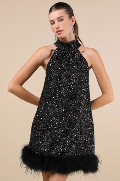 Lulus Magnetic Darling Shiny Black Sequin Feather Shift Mini Dress