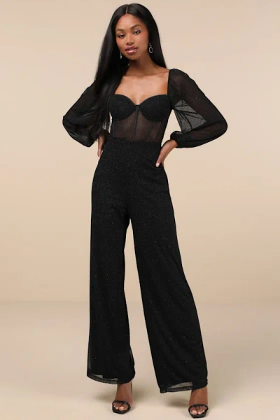 Lulus Magnetic Glamour Black Balloon Sleeve Mesh Bustier Jumpsuit