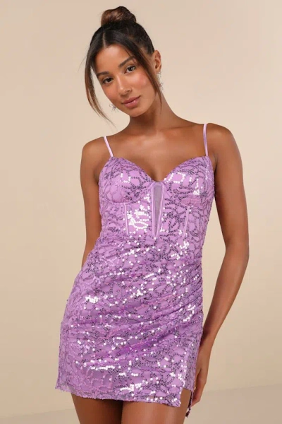 Lulus Magnificent Allure Purple Mesh Sequin Bustier Mini Dress
