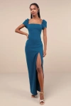 Lulus Magnificent Impression Teal Square Neck Short Sleeve Maxi Dress In Teal