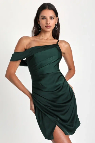 Lulus Magnificent Magic Emerald Green Satin Asymmetrical Mini Dress