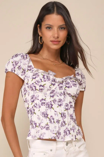 Lulus Magnificent Poise Ivory Floral Ruffled Lace-up Bustier Top