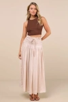 Lulus Maina Beige Plisse Drawstring High-rise Maxi Skirt In Beige