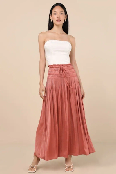 Lulus Maina Rusty Rose Plisse Drawstring High-rise Maxi Skirt In Pink