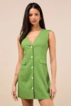 Lulus Mairi Green Linen Button-front Sleeveless Mini Dress In Green