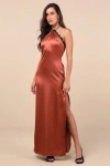 Lulus Mairwen Rust And Black Satin Lace Halter Maxi Dress In Black