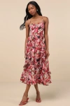Lulus Maisley Red Multi Floral Bustier Ruffled Midi Dress In Red