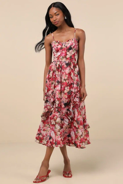 Lulus Maisley Red Multi Floral Bustier Ruffled Midi Dress