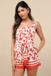 Lulus Maite Red Floral Belted Sleeveless Romper