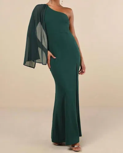 Lulus Majestic Attitude Cape Sleeve One-shoulder Maxi Dress In Emerald In Green