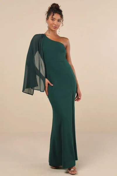 Lulus Majestic Attitude Emerald Cape Sleeve One-shoulder Maxi Dress In Green