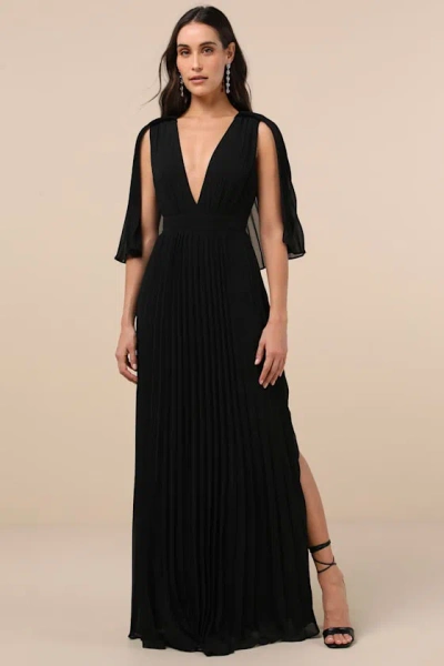 Lulus Majestic Aura Black Pleated Cape Maxi Dress