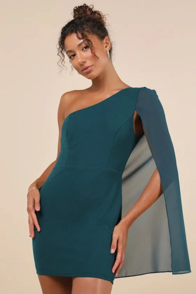 Lulus Majestic Energy Teal Green Cape Sleeve One-shoulder Mini Dress