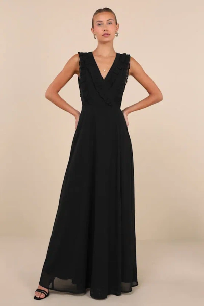 Lulus Major Elegance Black Sleeveless Ruffled Wrap Maxi Dress