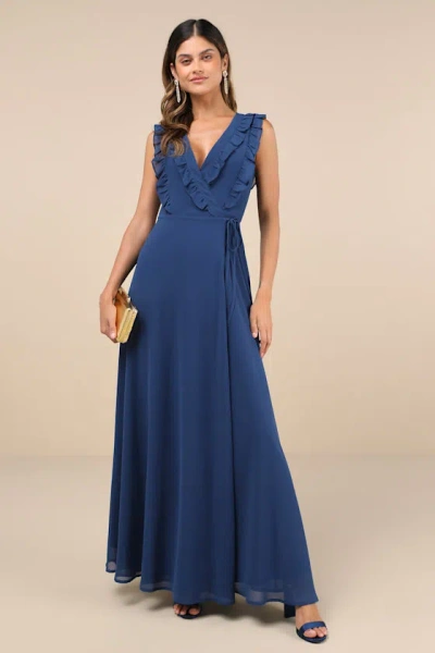 Lulus Major Elegance Blue Sleeveless Ruffled Wrap Maxi Dress