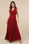 Lulus Major Elegance Wine Red Sleeveless Ruffled Wrap Maxi Dress In Wine Red