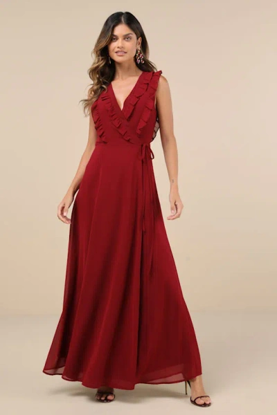 Lulus Major Elegance Wine Red Sleeveless Ruffled Wrap Maxi Dress