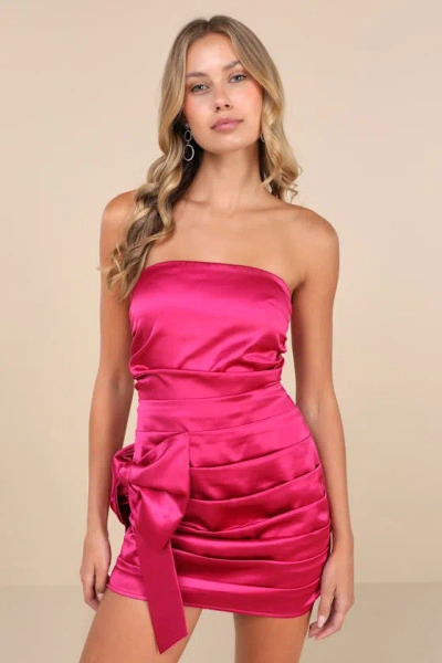 Lulus Major Event Fuchsia Satin Strapless Ruched Bow Mini Dress