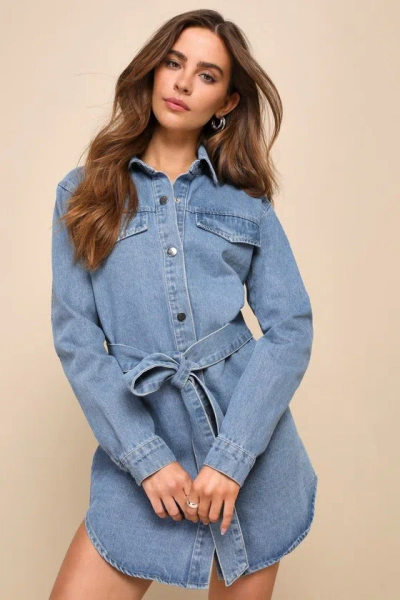 Lulus Major Impression Medium Wash Denim Long Sleeve Mini Dress In Blue |  ModeSens