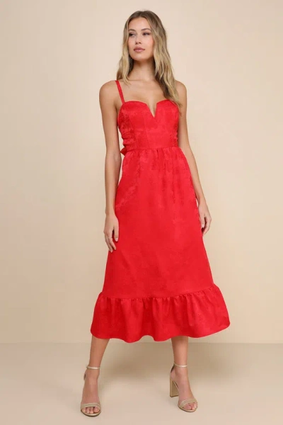 Lulus Major Perfection Red Floral Jacquard Midi Dress With Pockets