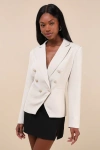 Lulus Major Poise Beige Twill Double-breasted Blazer In Beige