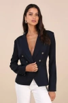 Lulus Major Poise Navy Blue Twill Double-breasted Blazer In Navy Blue