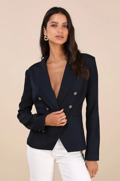 Lulus Major Poise Navy Blue Twill Double-breasted Blazer