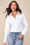 LULUS MAJORLY CHARMING IVORY COLLARED BUTTON-UP TIE-BACK TOP