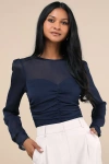 Lulus Majorly Composed Navy Blue Long Sleeve Top In Navy Blue