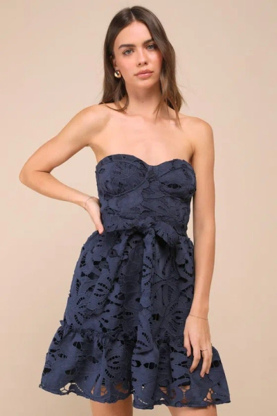 Lulus Majorly Cute Navy Blue Crochet Lace Strapless Bustier Mini Dress