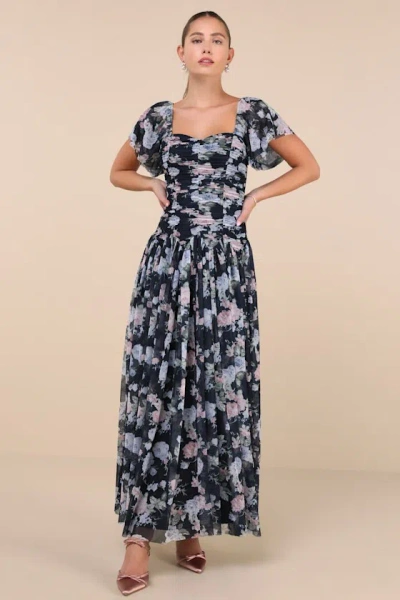 Lulus Majorly Dreamy Navy Floral Mesh Ruched Drop Waist Maxi Dress