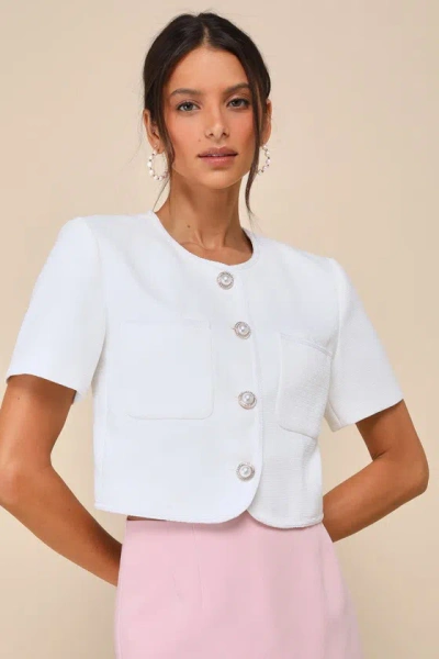 Lulus Majorly Elevated White Cropped Pearl Short Sleeve Jacket