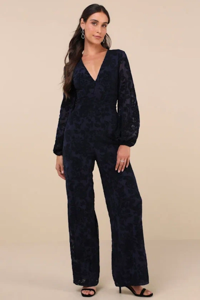 Lulus Majorly Ethereal Navy Velvet Burnout Long Sleeve Jumpsuit