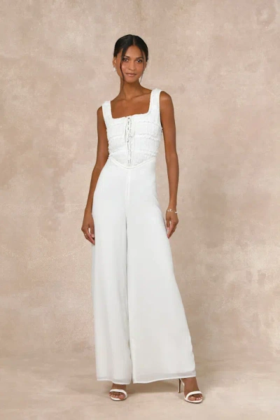 Lulus Majorly Iconic White Swiss Dot Ruffled Lace-up Jumpsuit
