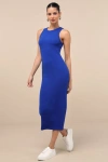 Lulus Majorly Trendy Cobalt Blue Ribbed Bodycon Midi Dress In Blue