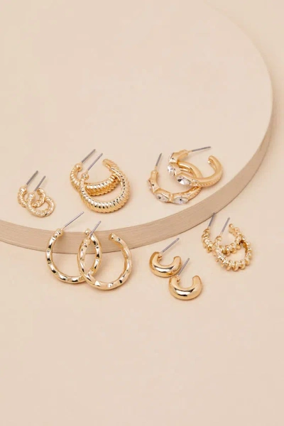 Lulus Makana Gold Textured Rhinestone Six-piece Hoop Earring Set