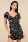 Lulus Makara Black Polka Dot Satin Puff Sleeve Mini Dress In Black
