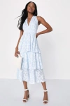 Lulus Make It Mesmerizing Light Blue Jacquard Tiered Midi Dress In Light Blue