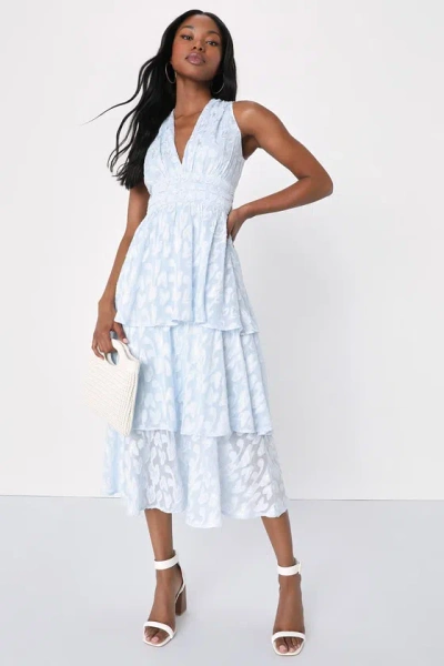Lulus Make It Mesmerizing Light Blue Jacquard Tiered Midi Dress