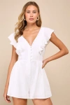 Lulus Making My Heart Flutter White Ruffled Button-front Romper In White