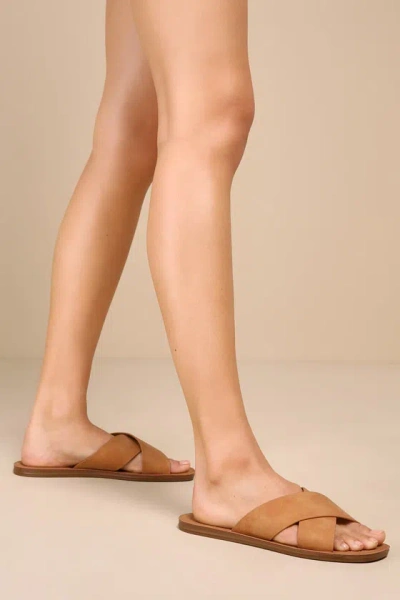 Lulus Makoa Honey Flat Slide Sandals In Brown