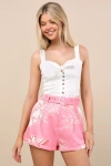 Lulus Maksym Pink Floral High-rise Belted Shorts In White