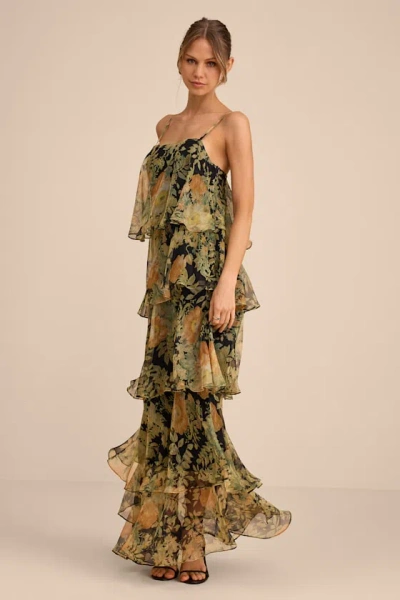 Lulus Malaia Black Multi Floral Tiered Maxi Dress In Green