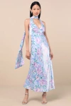 Lulus Malani Light Blue Floral Satin Sash Midi Dress In Multi