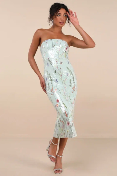 Lulus Malene Mint Floral Sequin Strapless Midi Dress